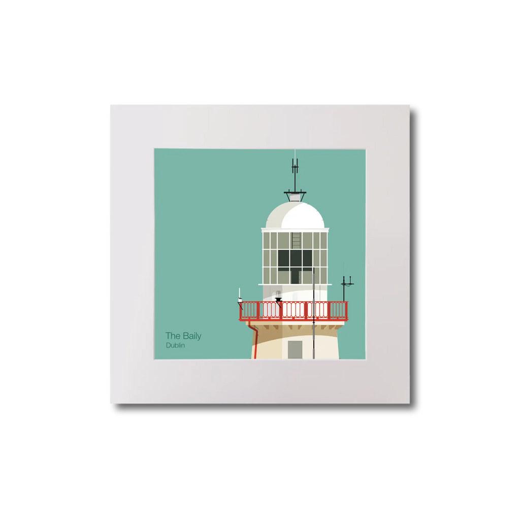 Illustration of The Baily lighthouse on an ocean green background, mounted and measuring 20x20cm.