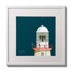 Illustration of The Baily lighthouse on a midnight blue background,  in a white square frame measuring 30x30cm.