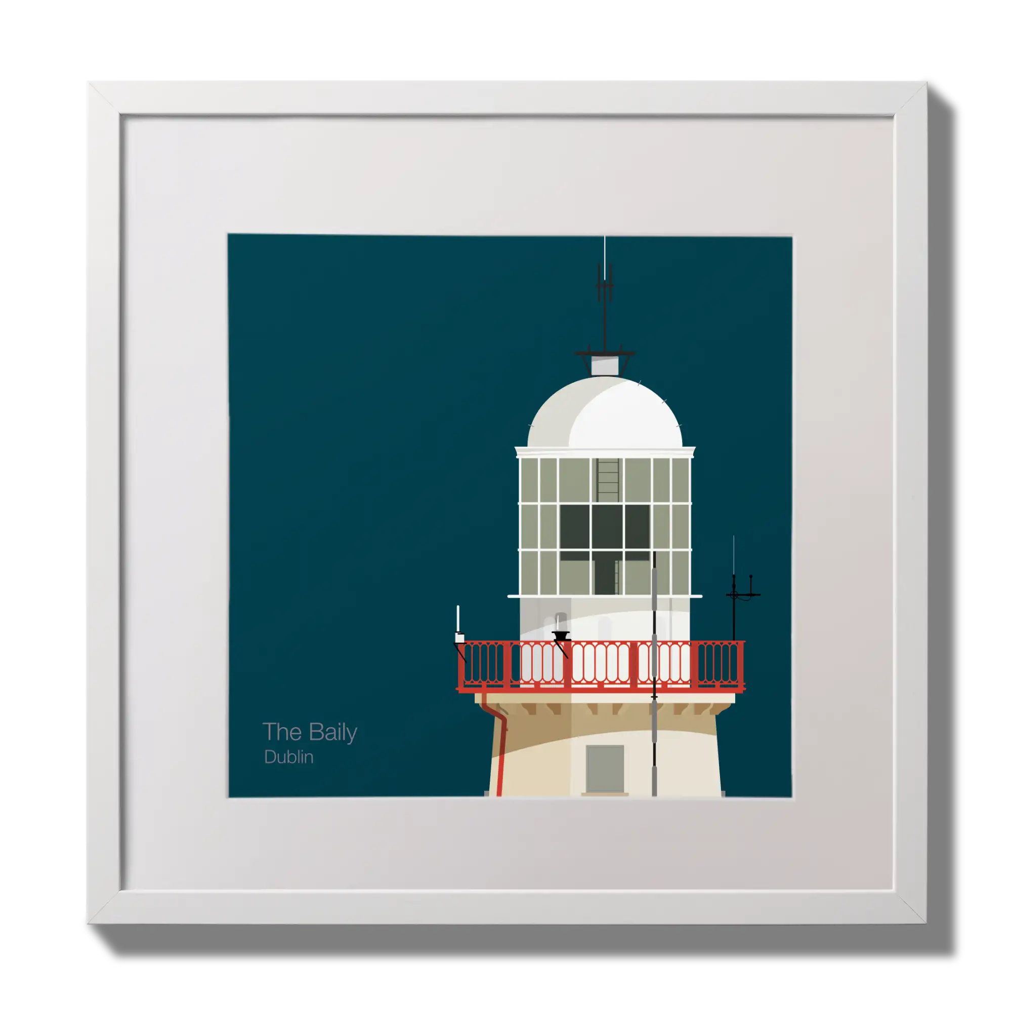 Illustration of The Baily lighthouse on a midnight blue background,  in a white square frame measuring 30x30cm.