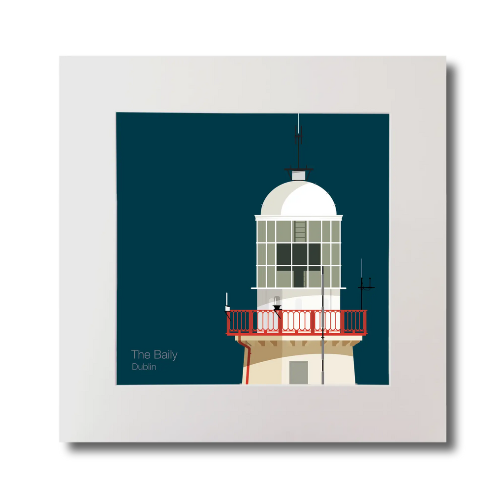 Illustration of The Baily lighthouse on a midnight blue background, mounted and measuring 30x30cm.