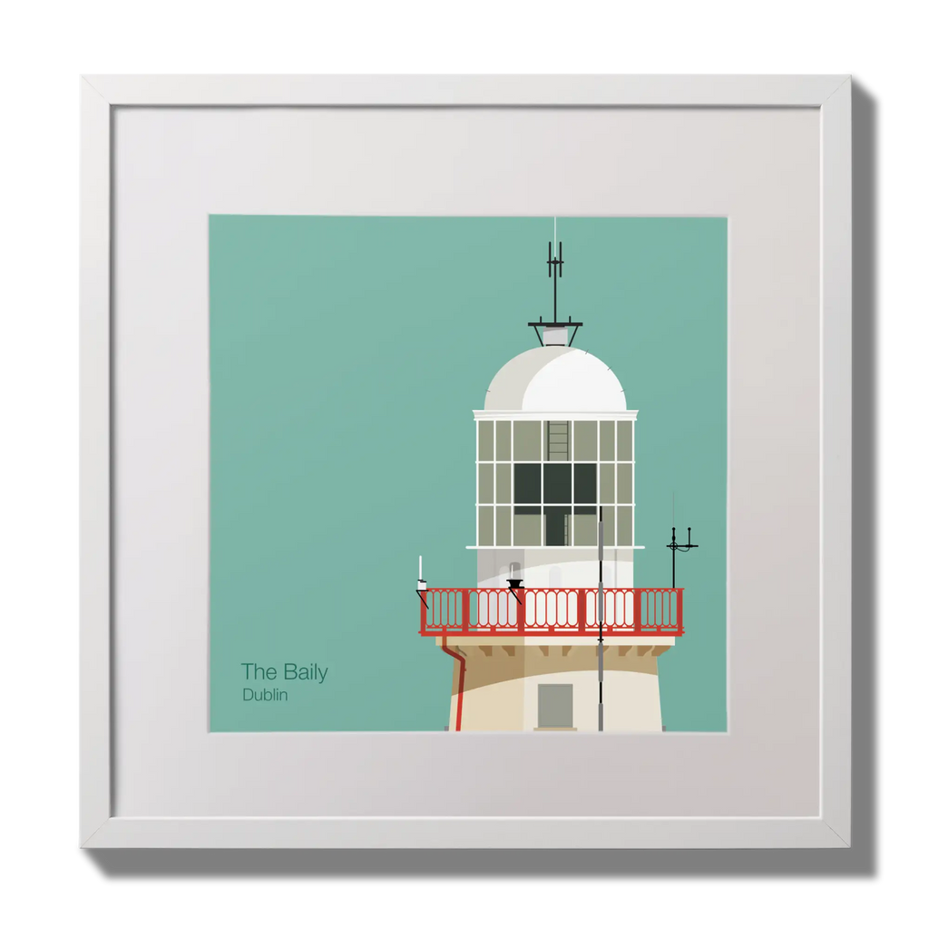 Illustration of The Baily lighthouse on an ocean green background,  in a white square frame measuring 30x30cm.