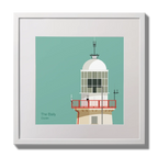 Illustration of The Baily lighthouse on an ocean green background,  in a white square frame measuring 30x30cm.