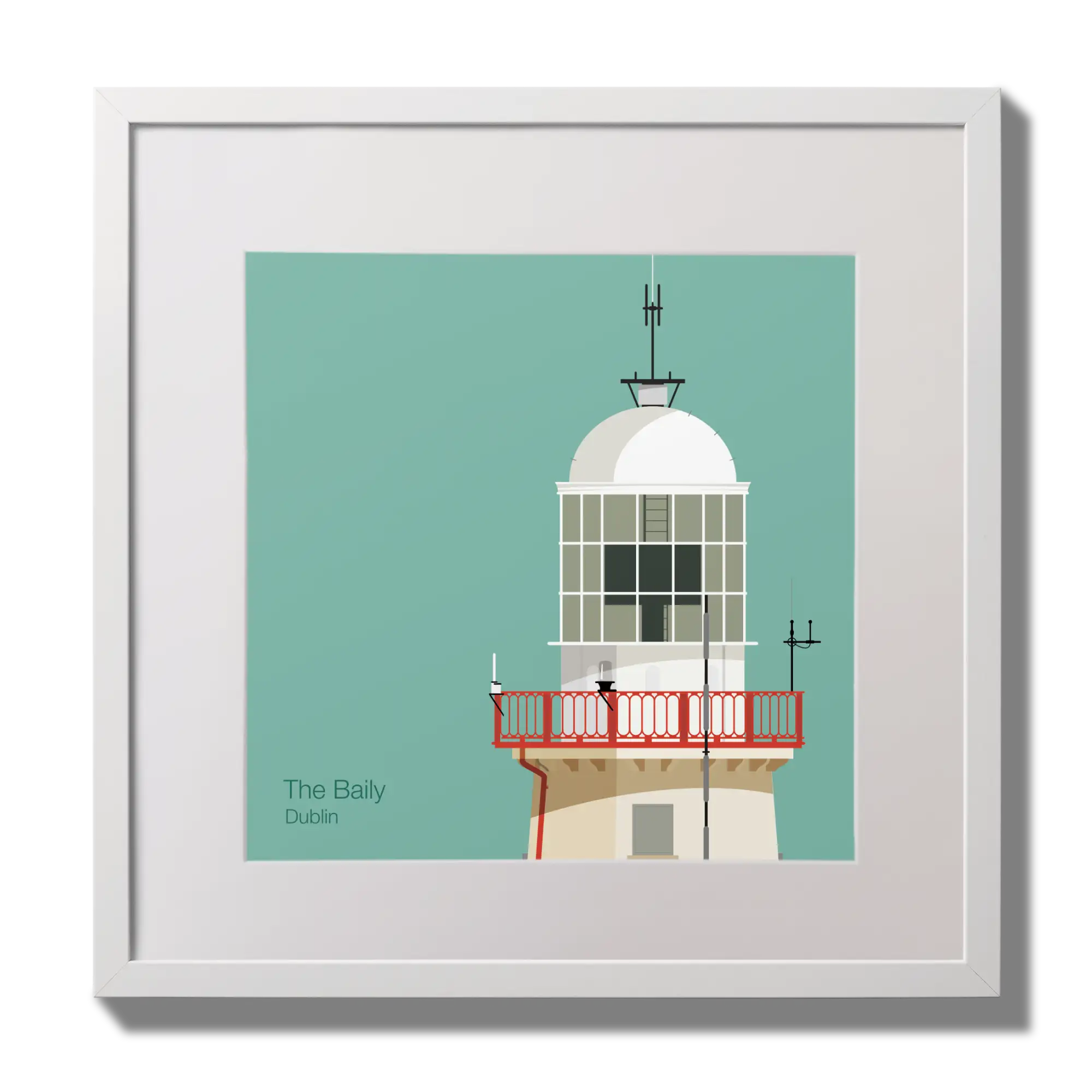 Illustration of The Baily lighthouse on an ocean green background,  in a white square frame measuring 30x30cm.