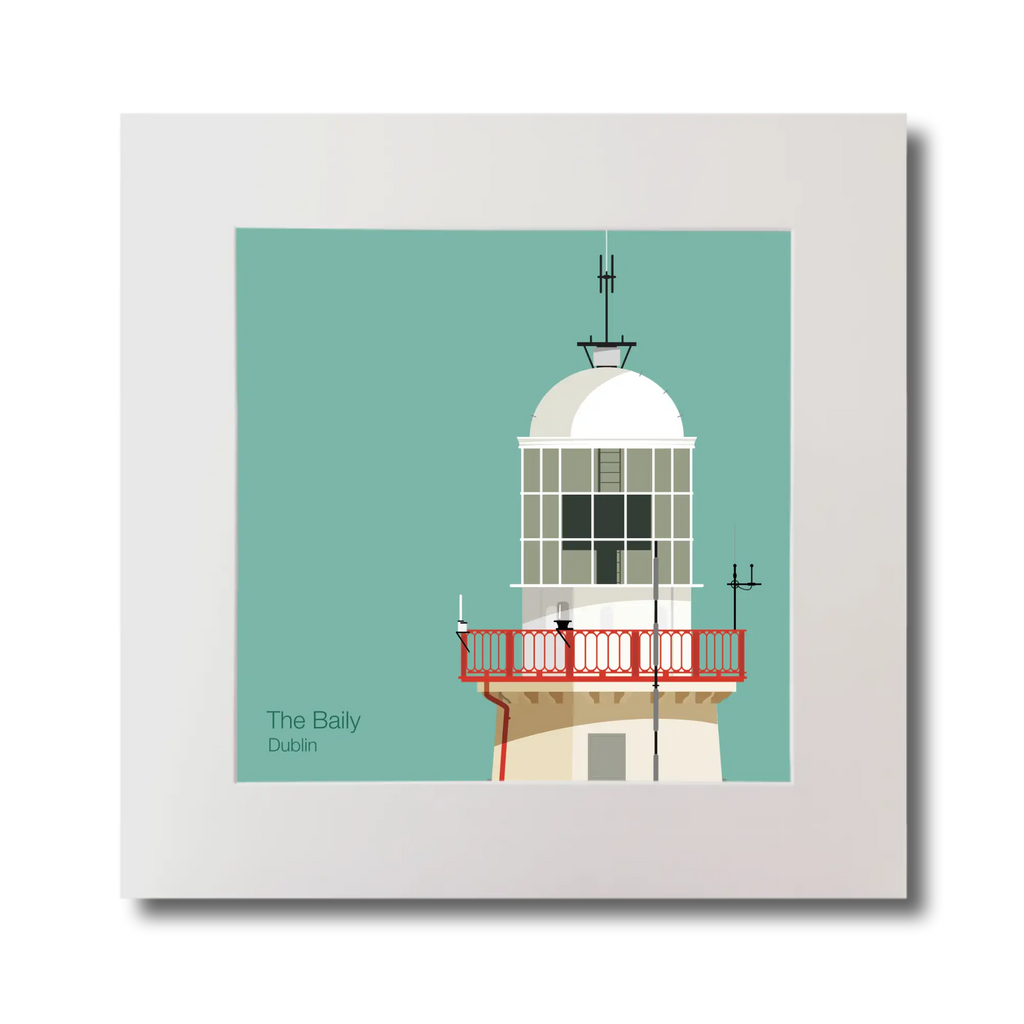 Illustration of The Baily lighthouse on an ocean green background, mounted and measuring 30x30cm.