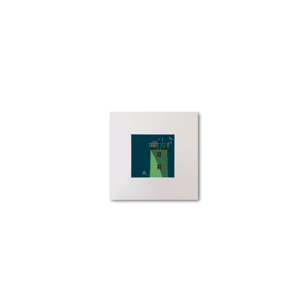 Illustration of North Bull lighthouse on a midnight blue background, mounted and measuring 10x10cm.