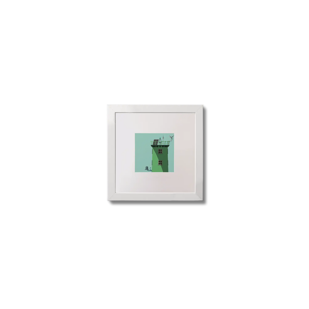 Illustration of North Bull lighthouse on an ocean green background,  in a white square frame measuring 10x10cm.
