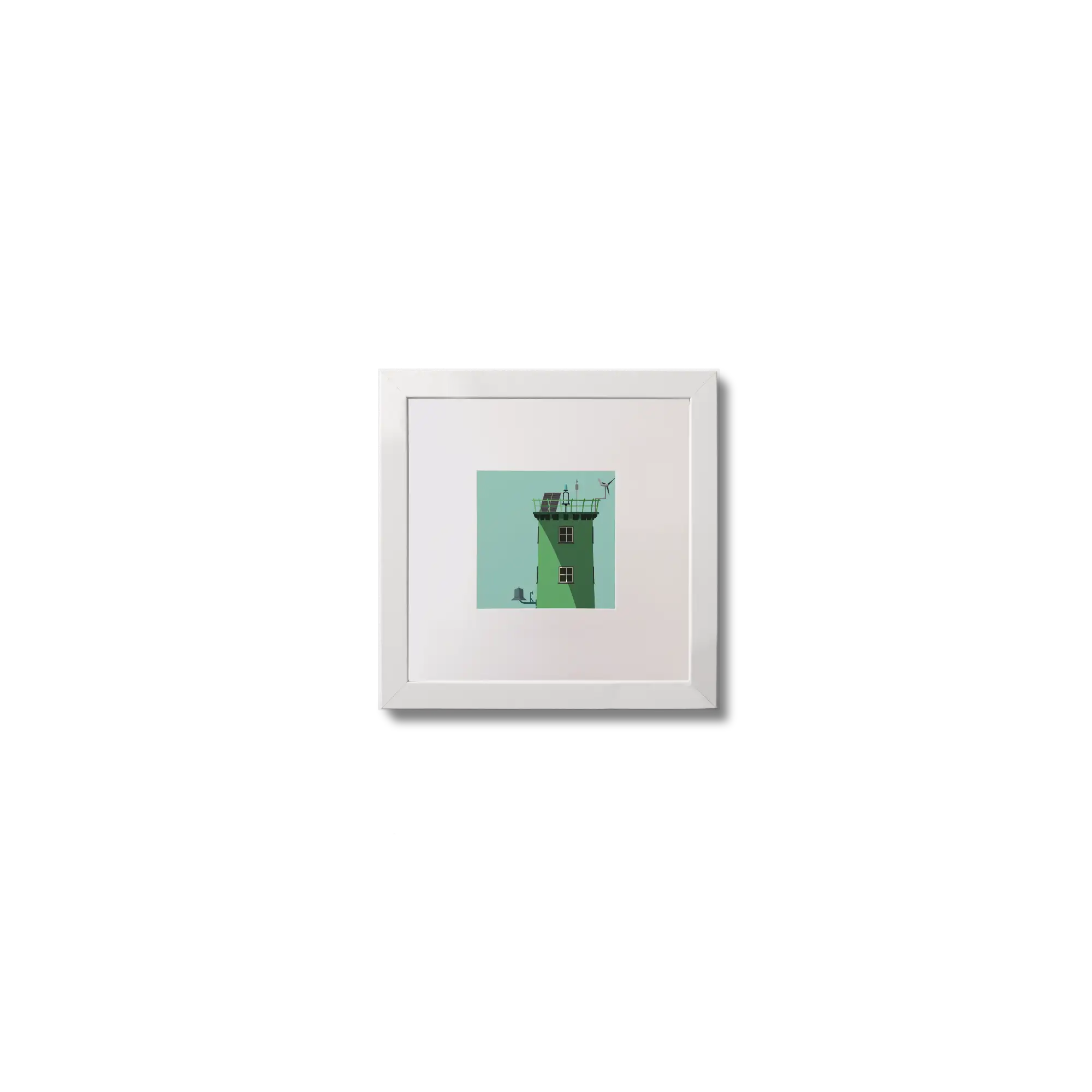 Illustration of North Bull lighthouse on an ocean green background,  in a white square frame measuring 10x10cm.