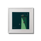 Illustration of North Bull lighthouse on a midnight blue background,  in a white square frame measuring 20x20cm.