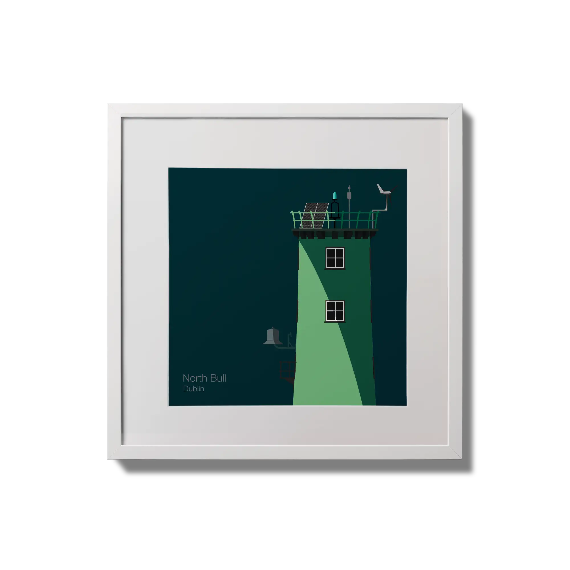 Illustration of North Bull lighthouse on a midnight blue background,  in a white square frame measuring 20x20cm.