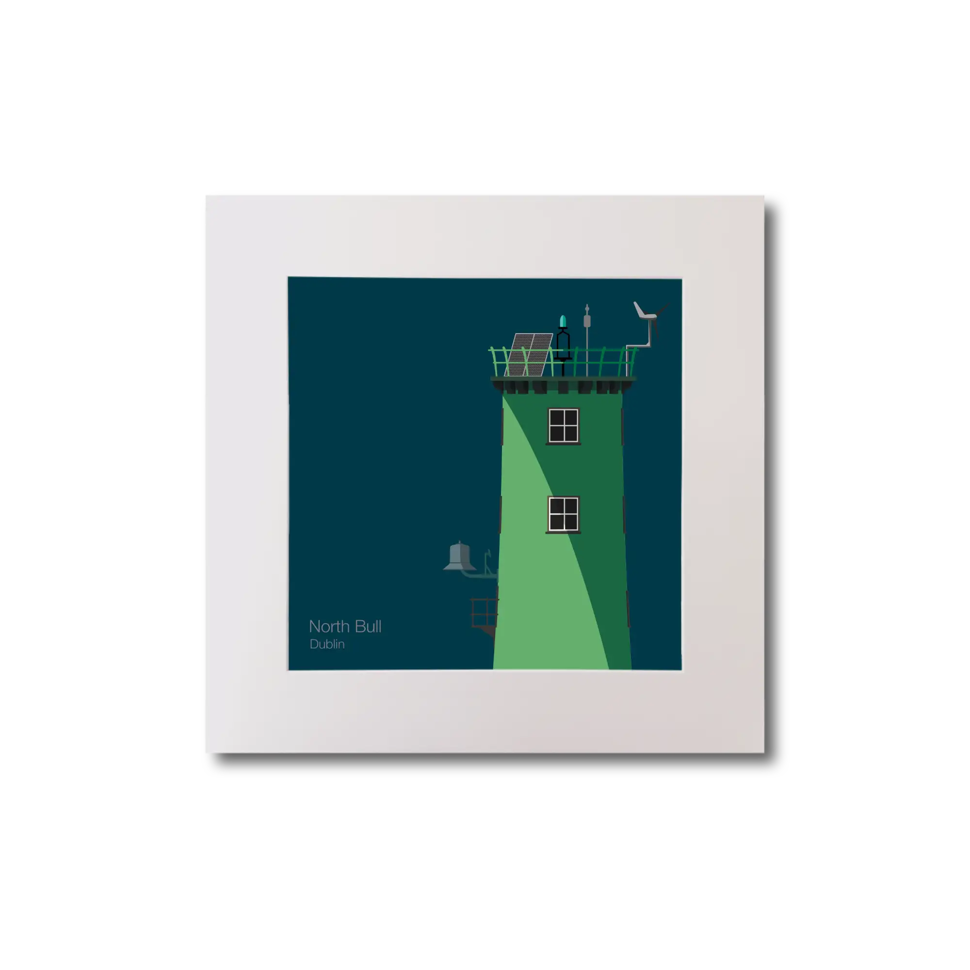 Illustration of North Bull lighthouse on a midnight blue background, mounted and measuring 20x20cm.