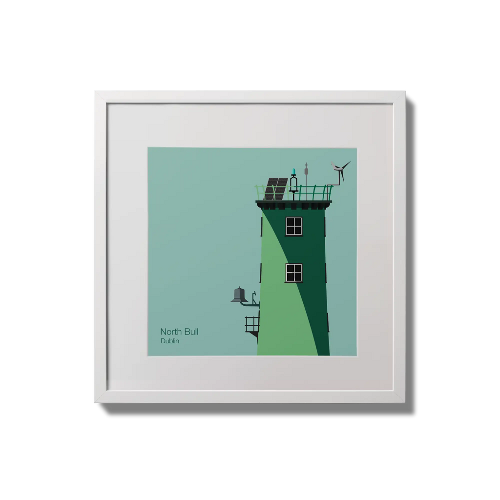 Illustration of North Bull lighthouse on an ocean green background,  in a white square frame measuring 20x20cm.