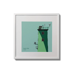 Illustration of North Bull lighthouse on an ocean green background,  in a white square frame measuring 20x20cm.