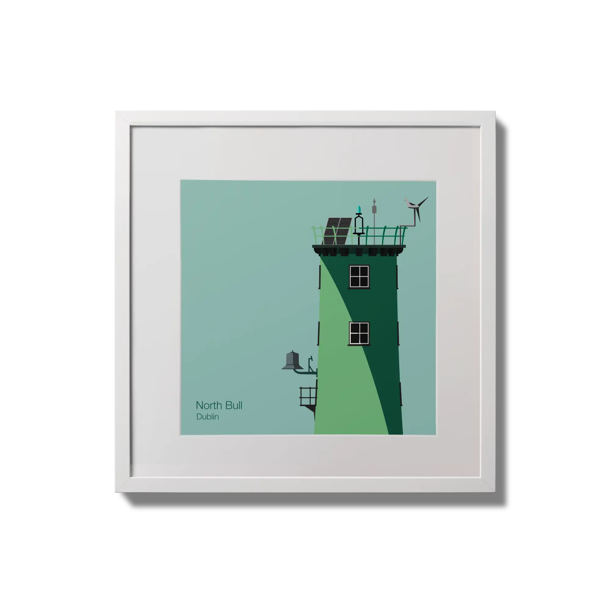 Illustration of North Bull lighthouse on an ocean green background,  in a white square frame measuring 20x20cm.