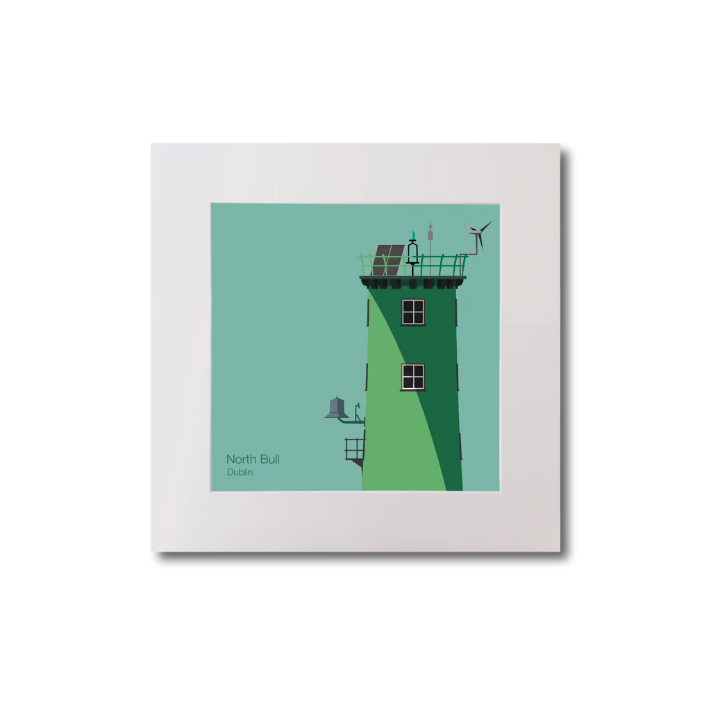 Illustration of North Bull lighthouse on an ocean green background, mounted and measuring 20x20cm.