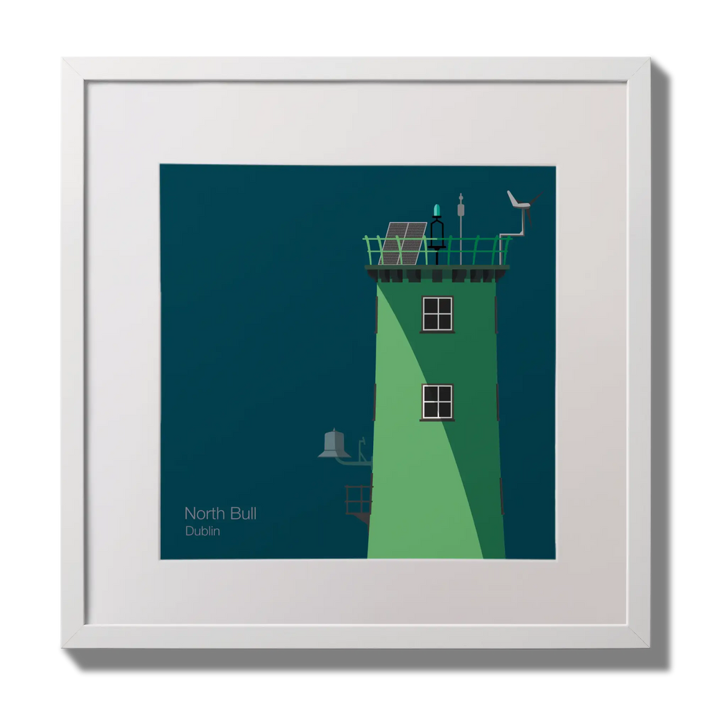 Illustration of North Bull lighthouse on a midnight blue background,  in a white square frame measuring 30x30cm.