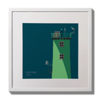 Illustration of North Bull lighthouse on a midnight blue background,  in a white square frame measuring 30x30cm.