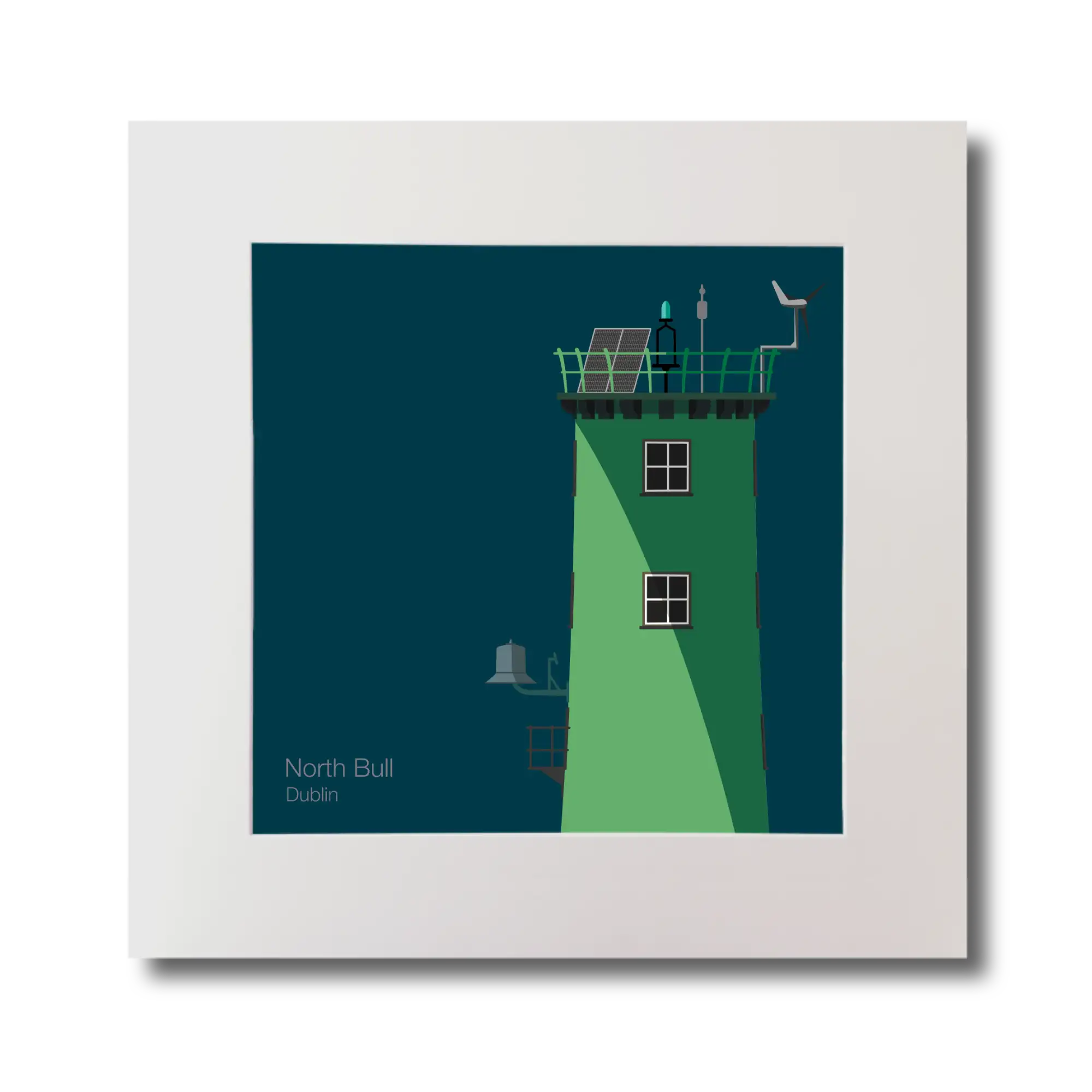 Illustration of North Bull lighthouse on a midnight blue background, mounted and measuring 30x30cm.
