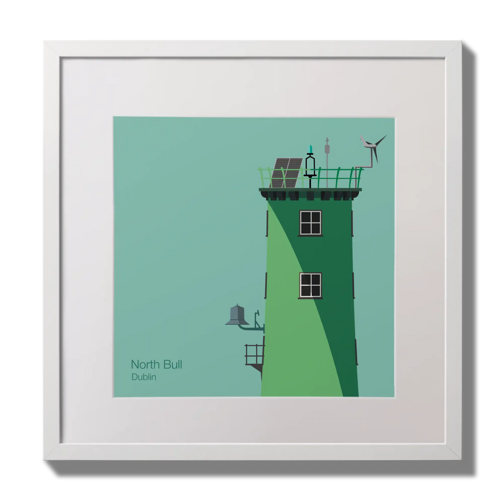 Illustration of North Bull lighthouse on an ocean green background,  in a white square frame measuring 30x30cm.