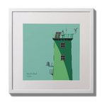 Illustration of North Bull lighthouse on an ocean green background,  in a white square frame measuring 30x30cm.