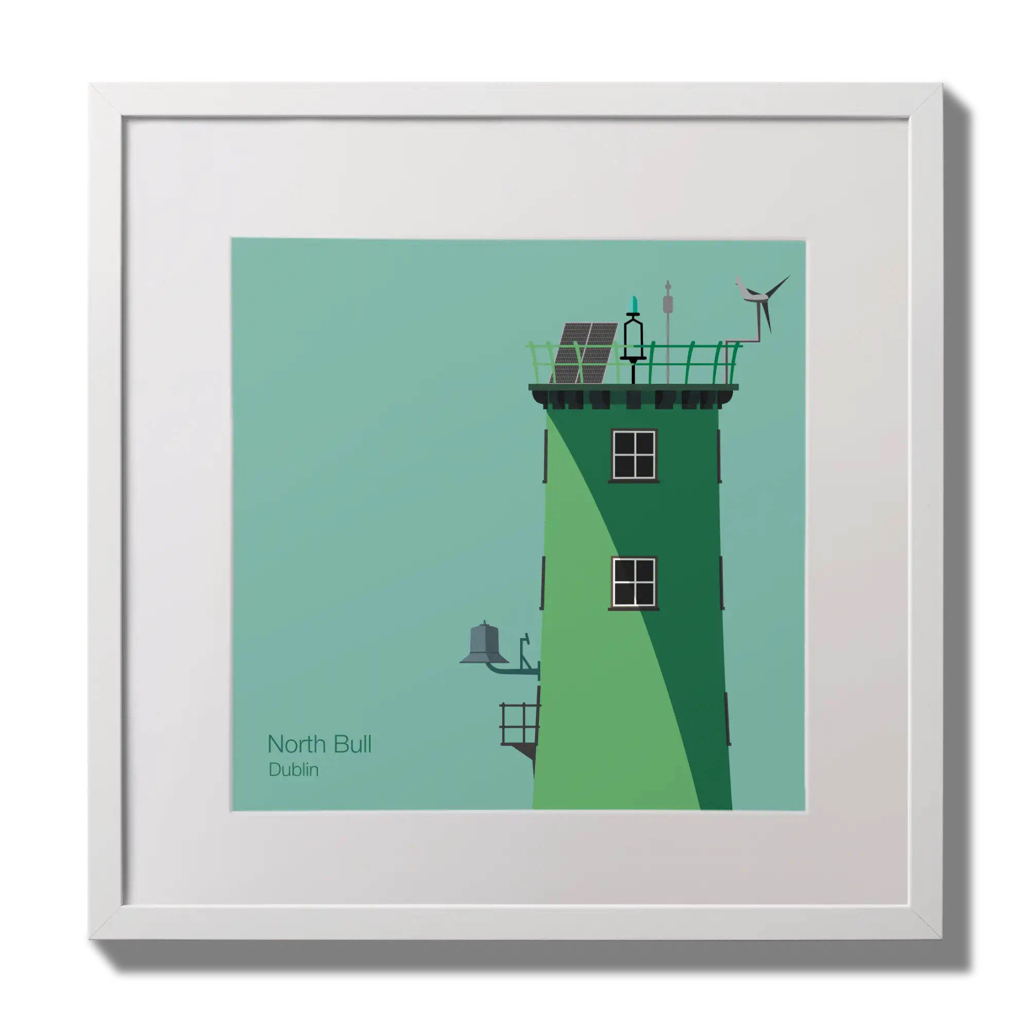 Illustration of North Bull lighthouse on an ocean green background,  in a white square frame measuring 30x30cm.