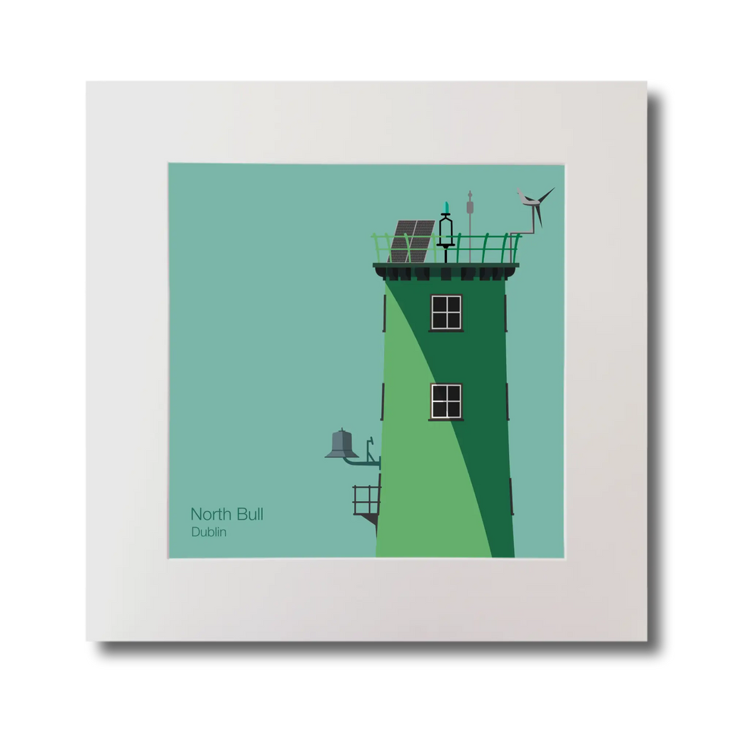 Illustration of North Bull lighthouse on an ocean green background, mounted and measuring 30x30cm.