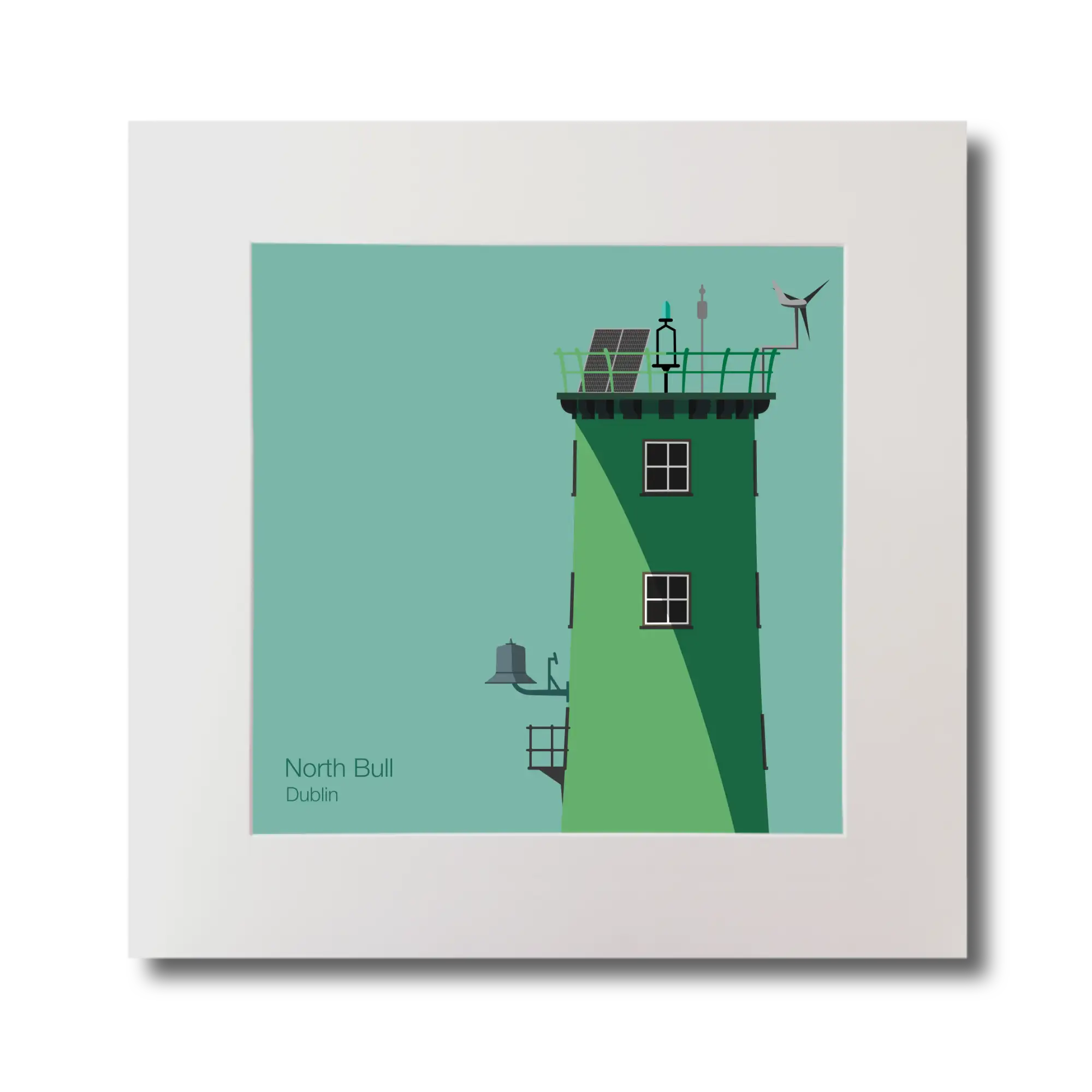 Illustration of North Bull lighthouse on an ocean green background, mounted and measuring 30x30cm.