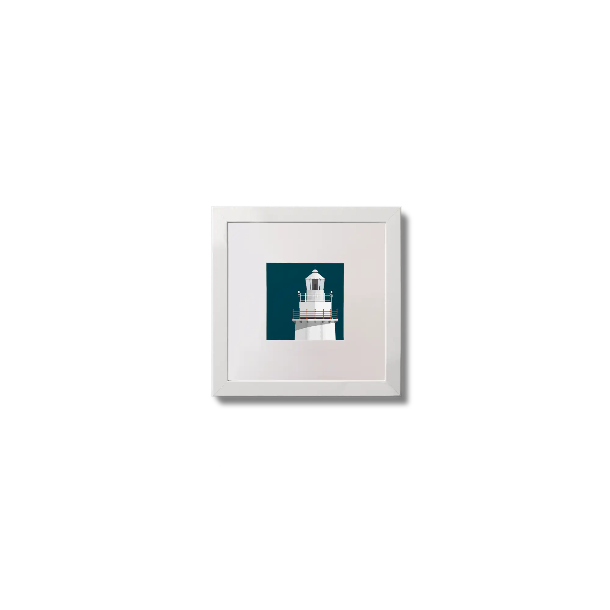 Illustration of Bull Rock lighthouse on a midnight blue background,  in a white square frame measuring 10x10cm.