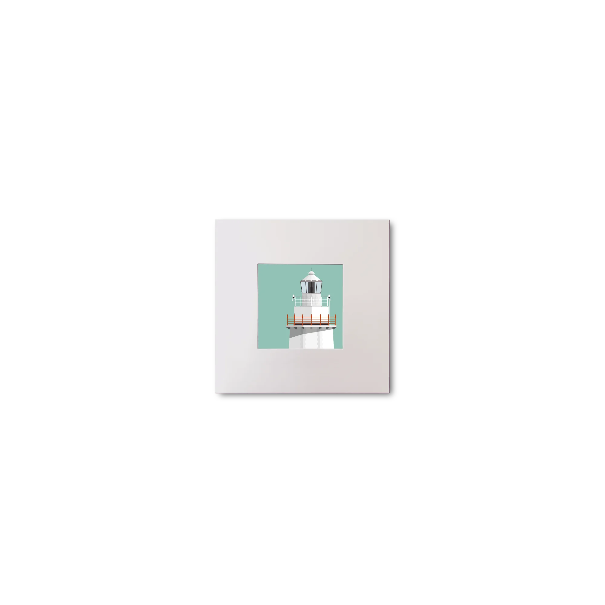 Illustration of Bull Rock lighthouse on an ocean green background, mounted and measuring 10x10cm.