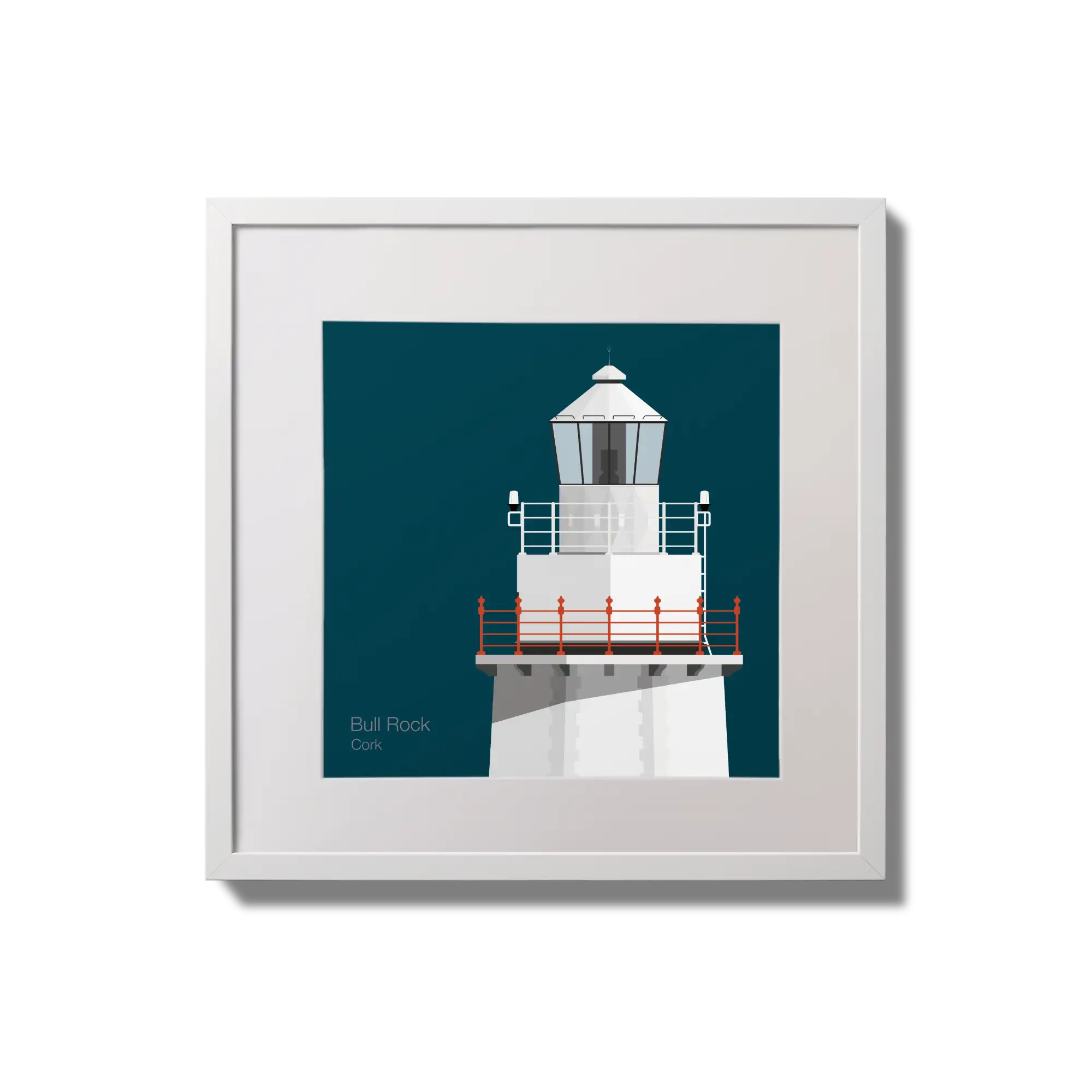 Illustration of Bull Rock lighthouse on a midnight blue background,  in a white square frame measuring 20x20cm.