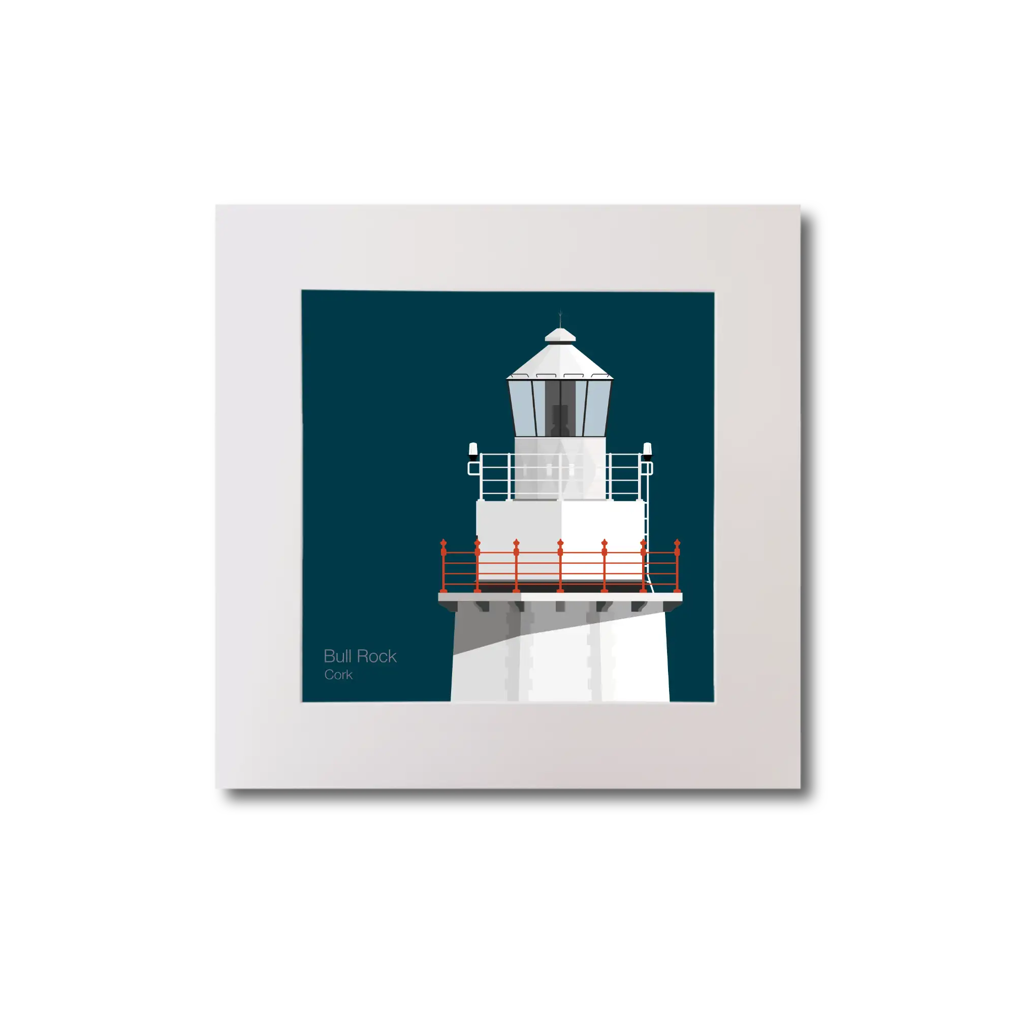Illustration of Bull Rock lighthouse on a midnight blue background, mounted and measuring 20x20cm.