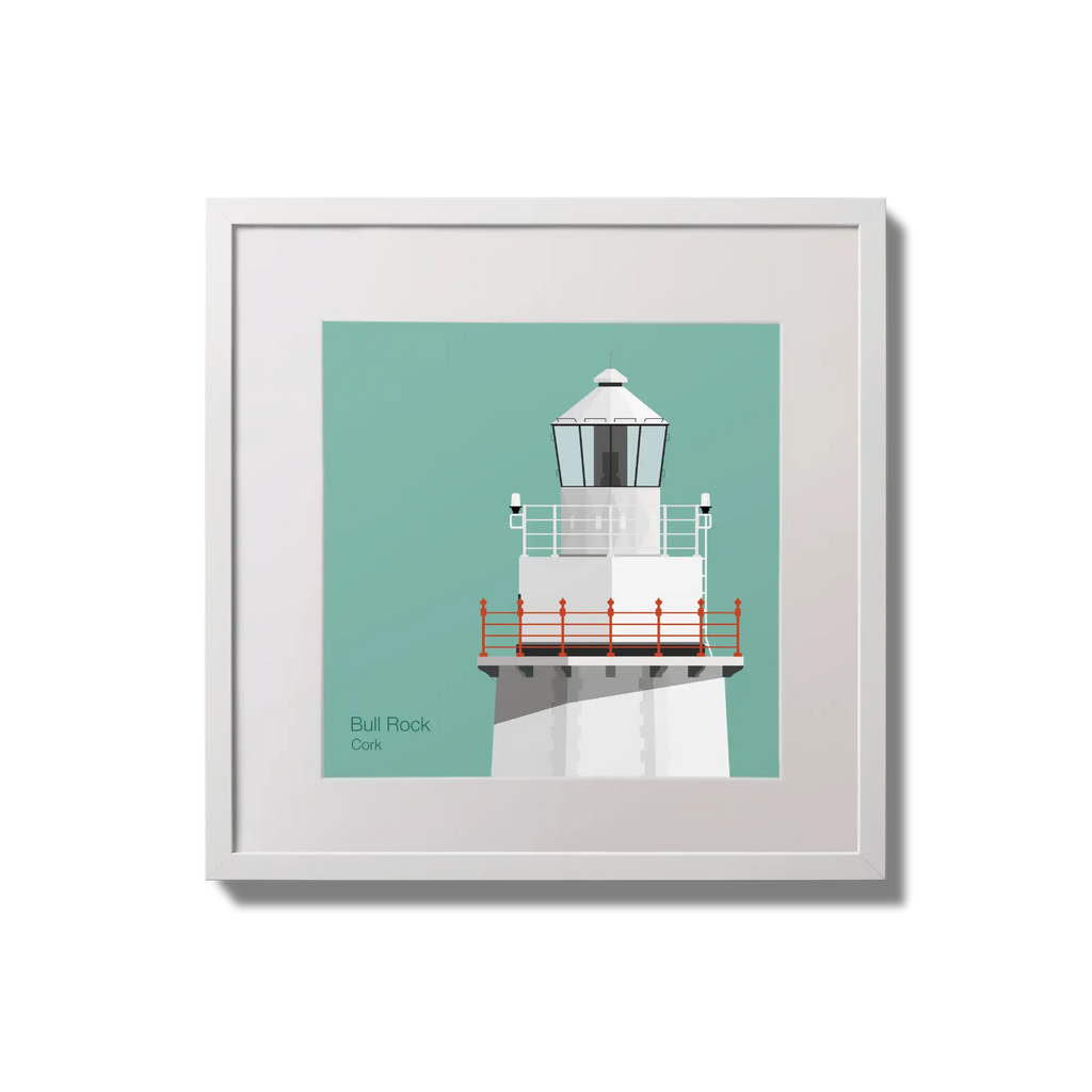 Illustration of Bull Rock lighthouse on an ocean green background,  in a white square frame measuring 20x20cm.