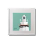 Illustration of Bull Rock lighthouse on an ocean green background,  in a white square frame measuring 20x20cm.