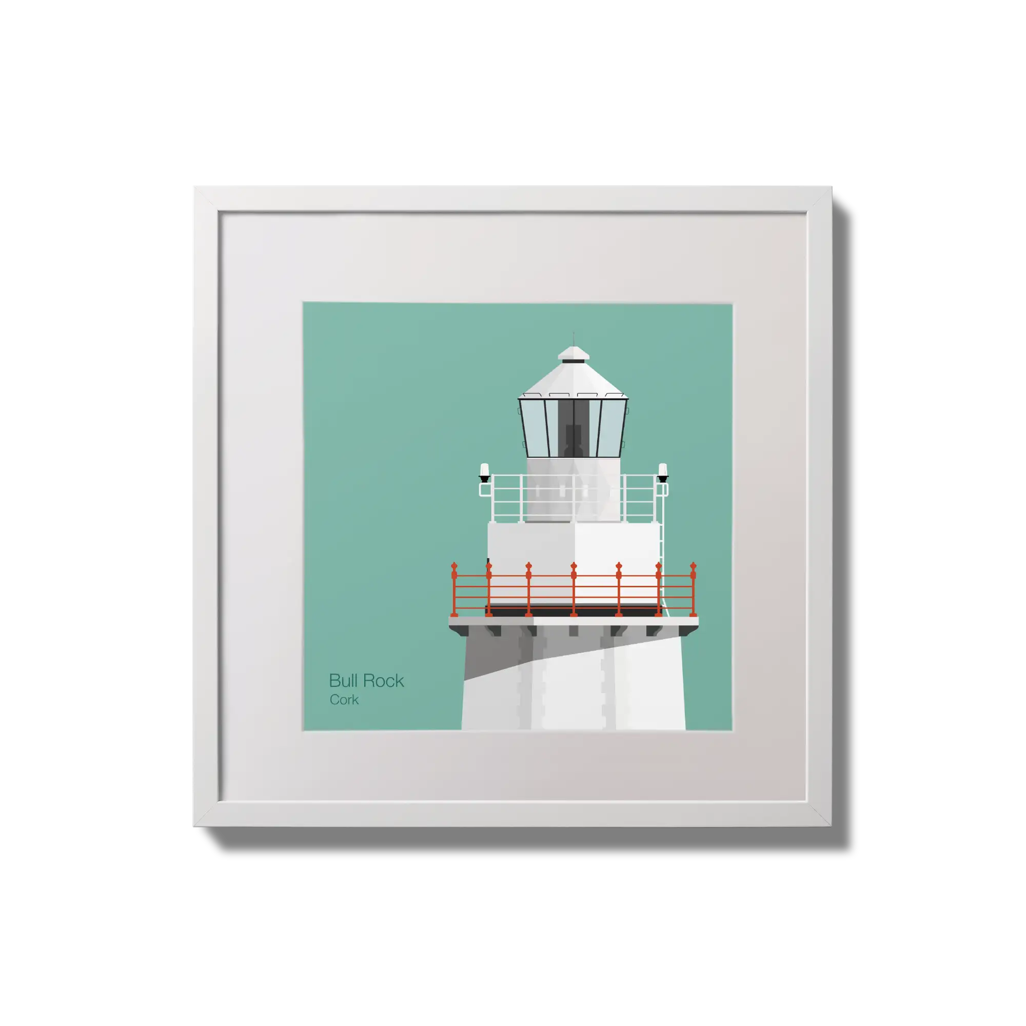 Illustration of Bull Rock lighthouse on an ocean green background,  in a white square frame measuring 20x20cm.