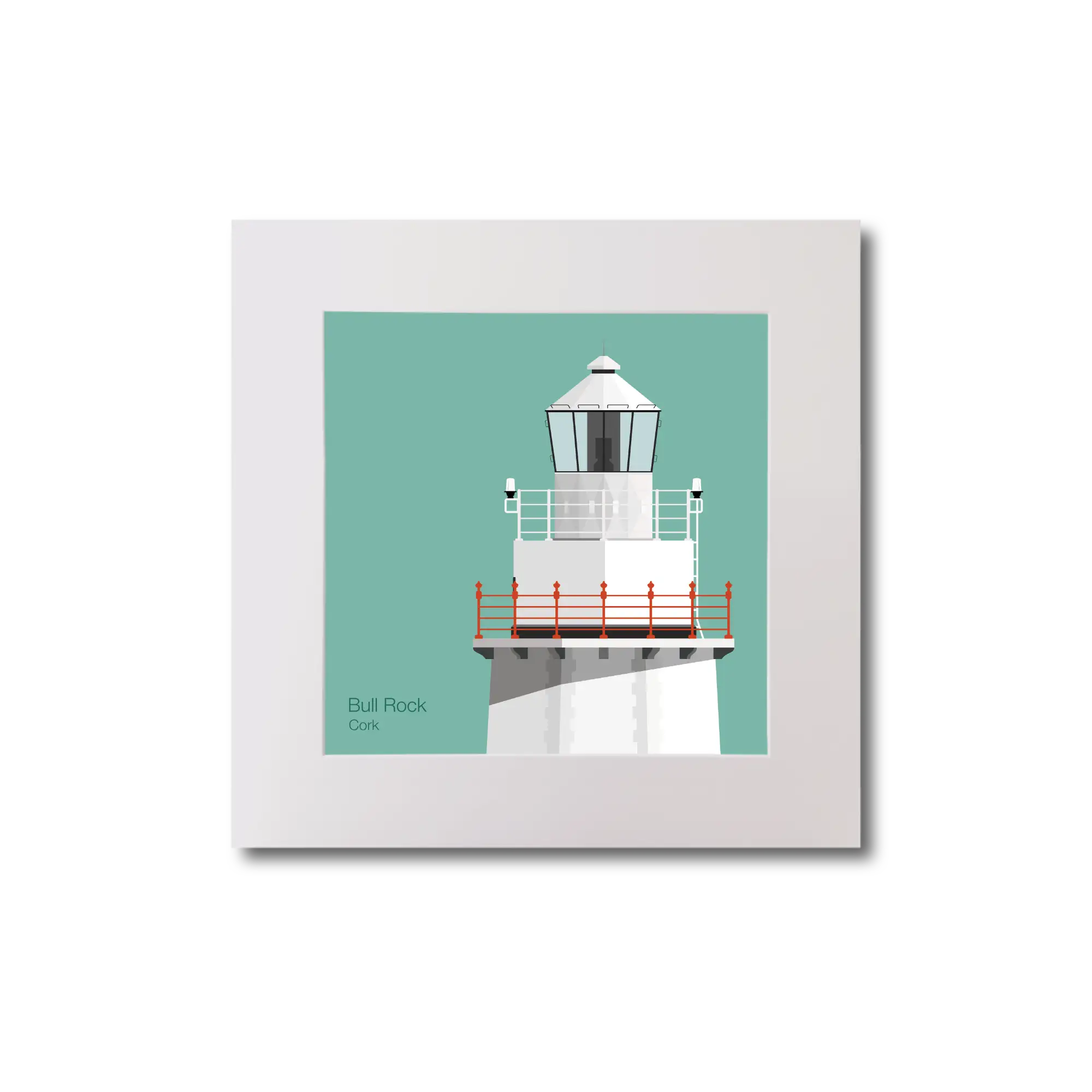 Illustration of Bull Rock lighthouse on an ocean green background, mounted and measuring 20x20cm.