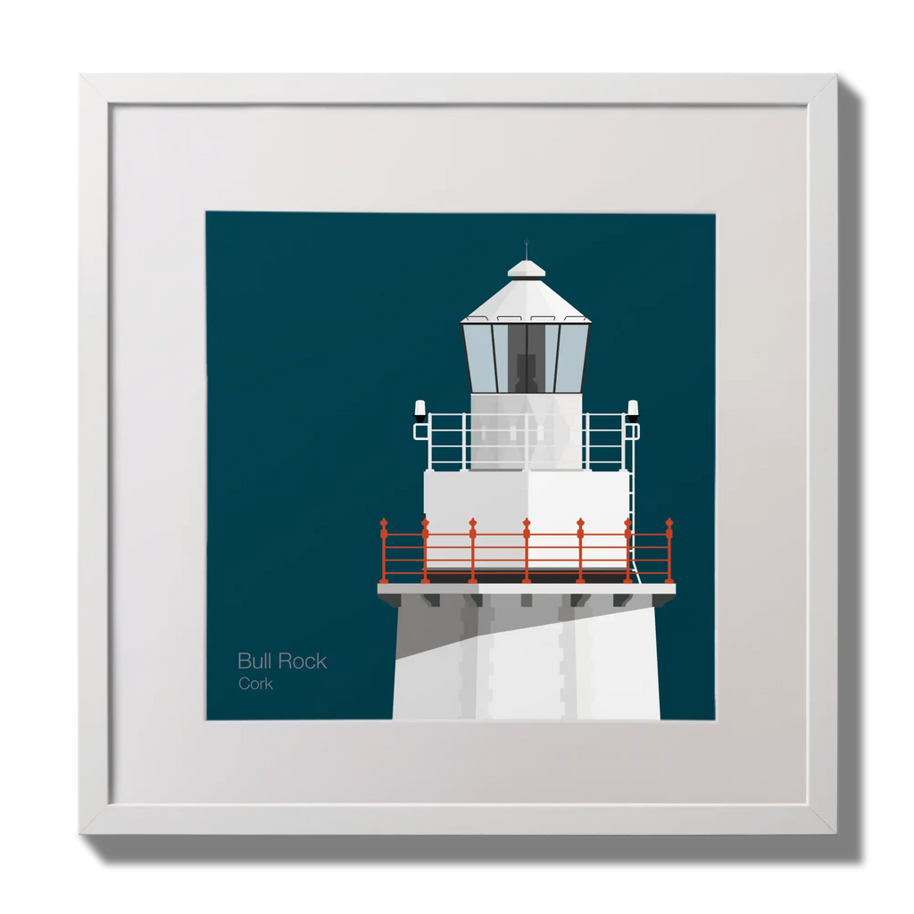 Illustration of Bull Rock lighthouse on a midnight blue background,  in a white square frame measuring 30x30cm.