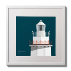 Illustration of Bull Rock lighthouse on a midnight blue background,  in a white square frame measuring 30x30cm.