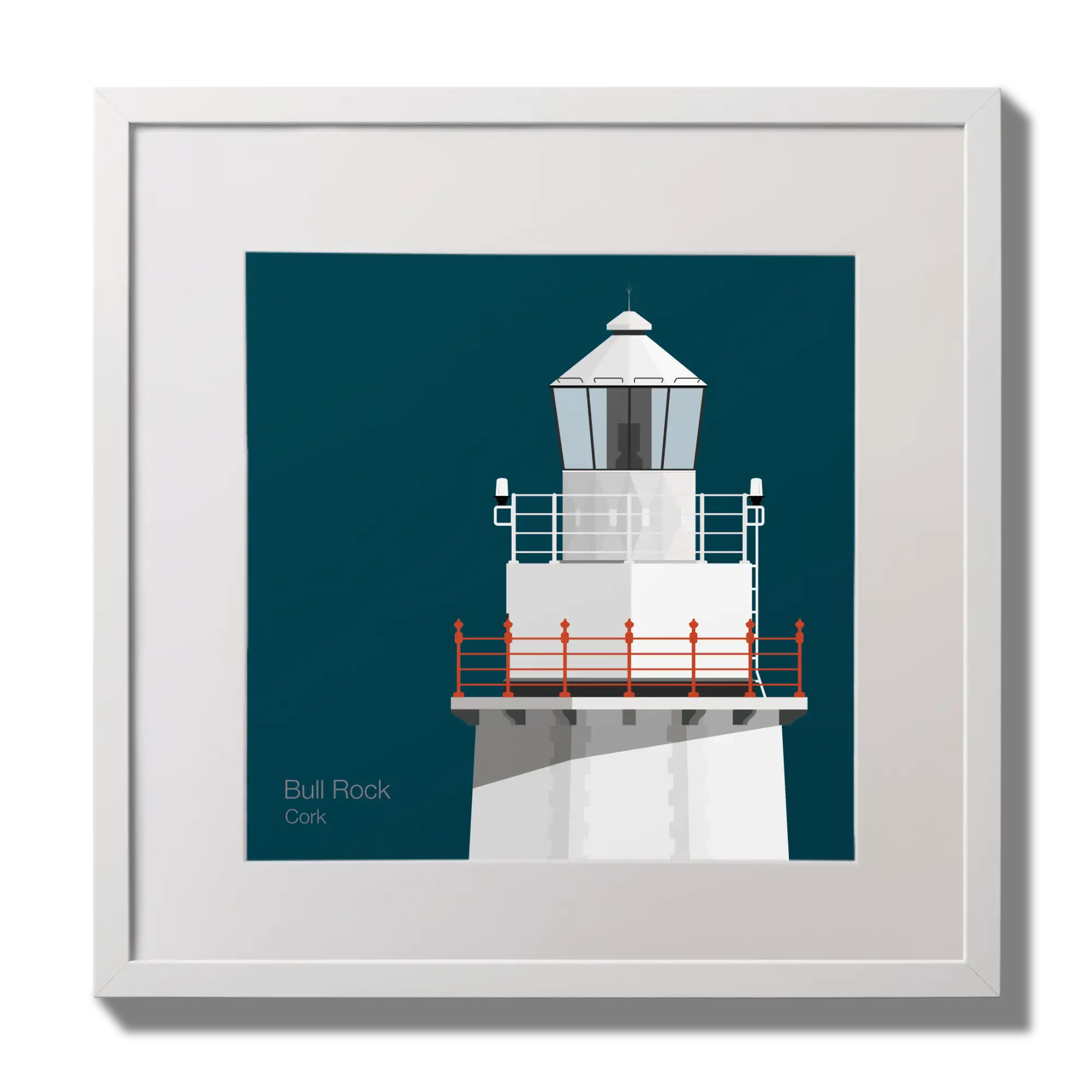 Illustration of Bull Rock lighthouse on a midnight blue background,  in a white square frame measuring 30x30cm.