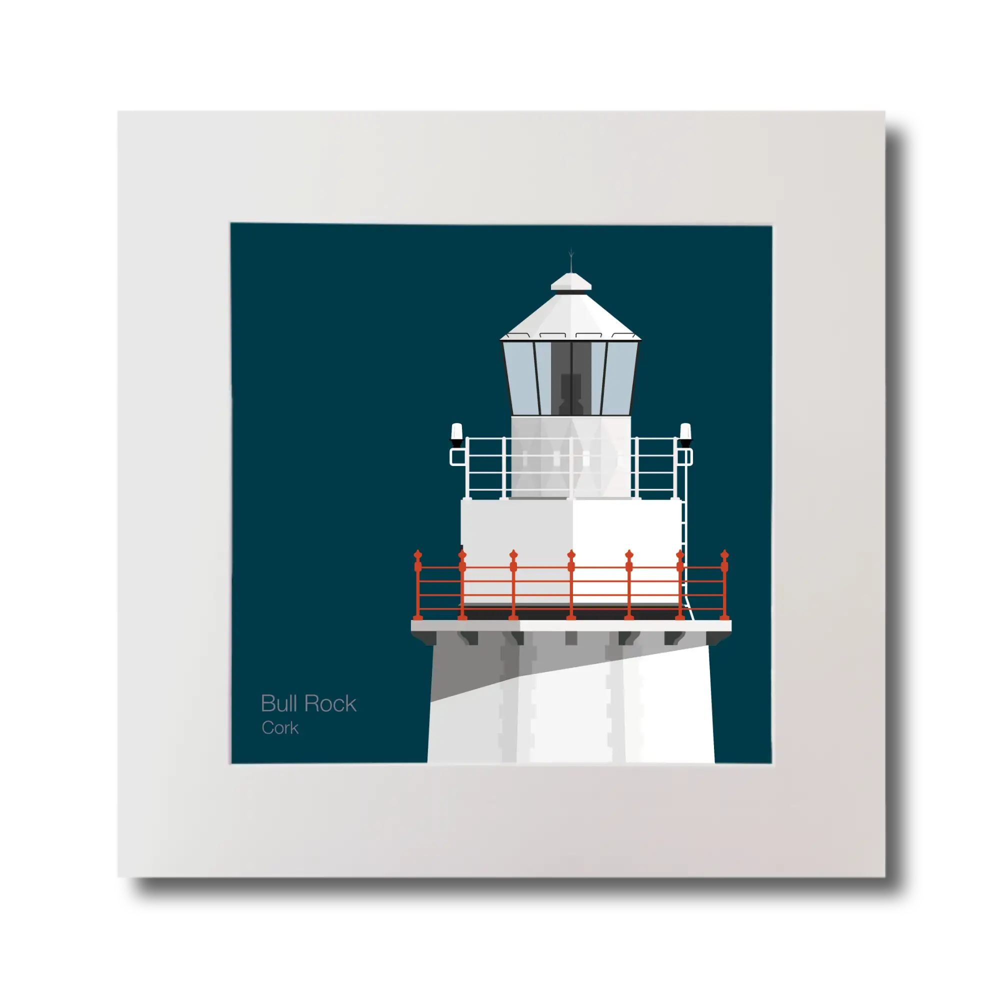 Illustration of Bull Rock lighthouse on a midnight blue background, mounted and measuring 30x30cm.