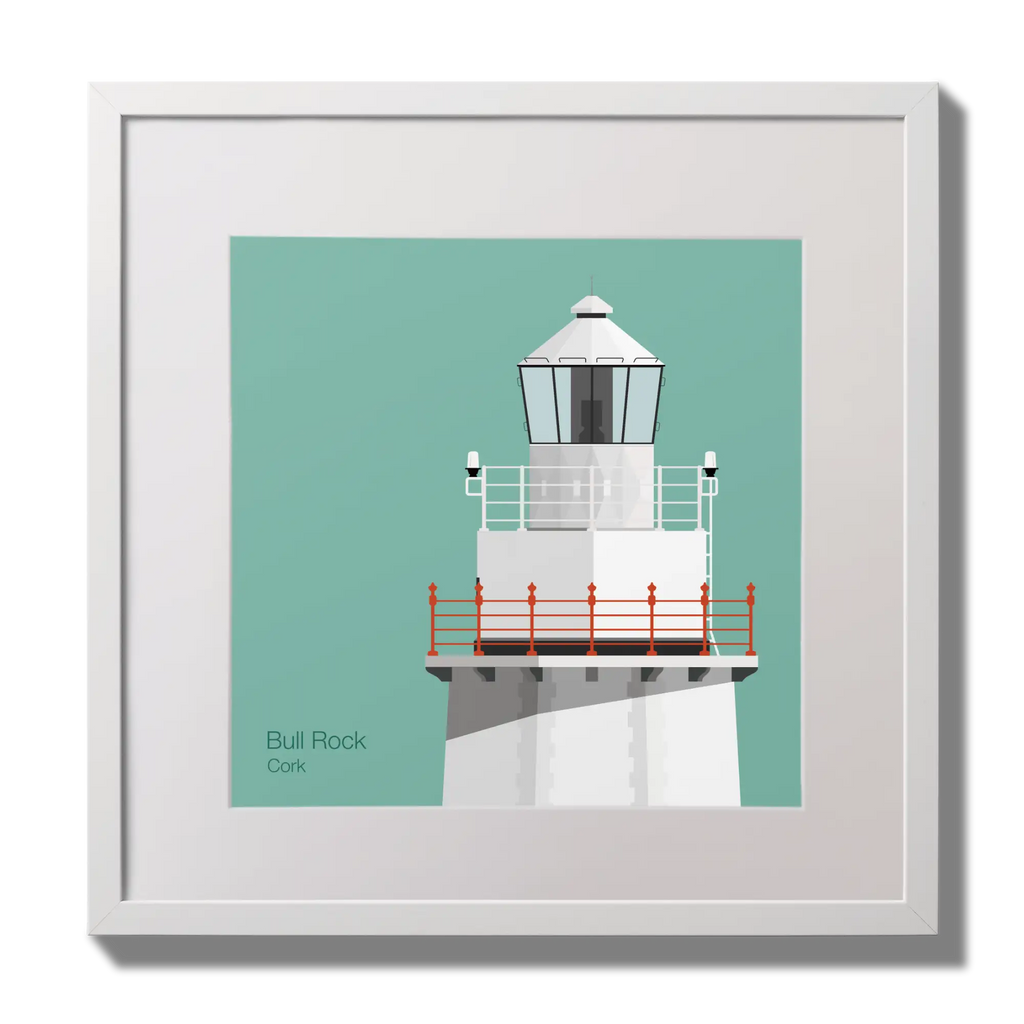 Illustration of Bull Rock lighthouse on an ocean green background,  in a white square frame measuring 30x30cm.