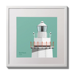 Illustration of Bull Rock lighthouse on an ocean green background,  in a white square frame measuring 30x30cm.