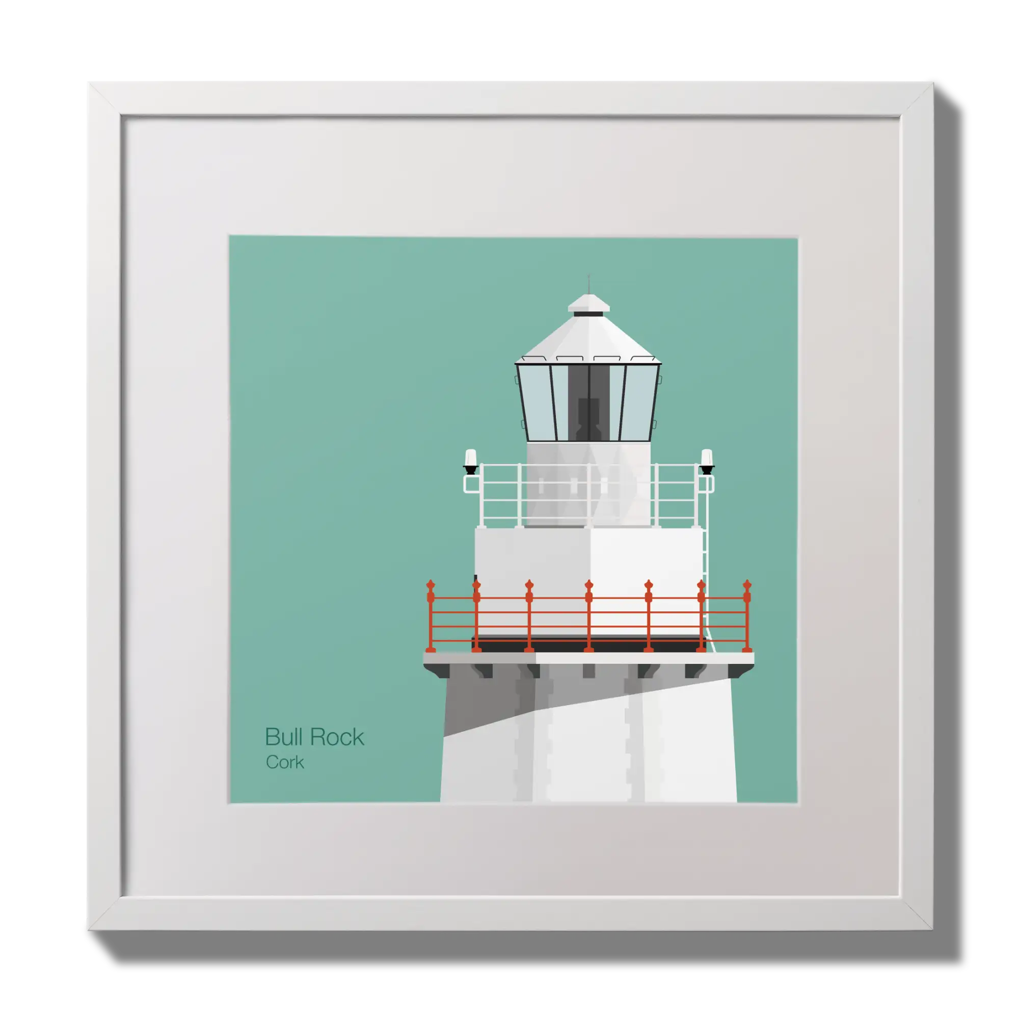 Illustration of Bull Rock lighthouse on an ocean green background,  in a white square frame measuring 30x30cm.
