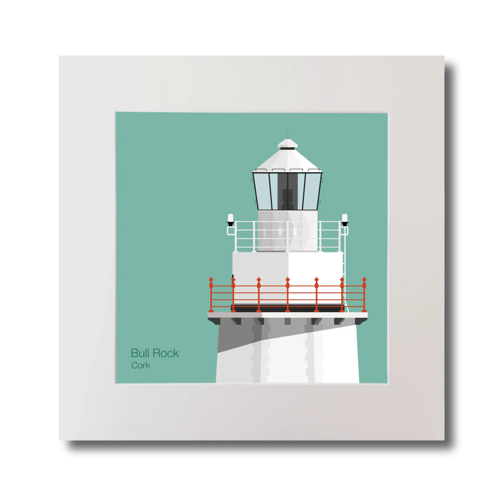 Illustration of Bull Rock lighthouse on an ocean green background, mounted and measuring 30x30cm.
