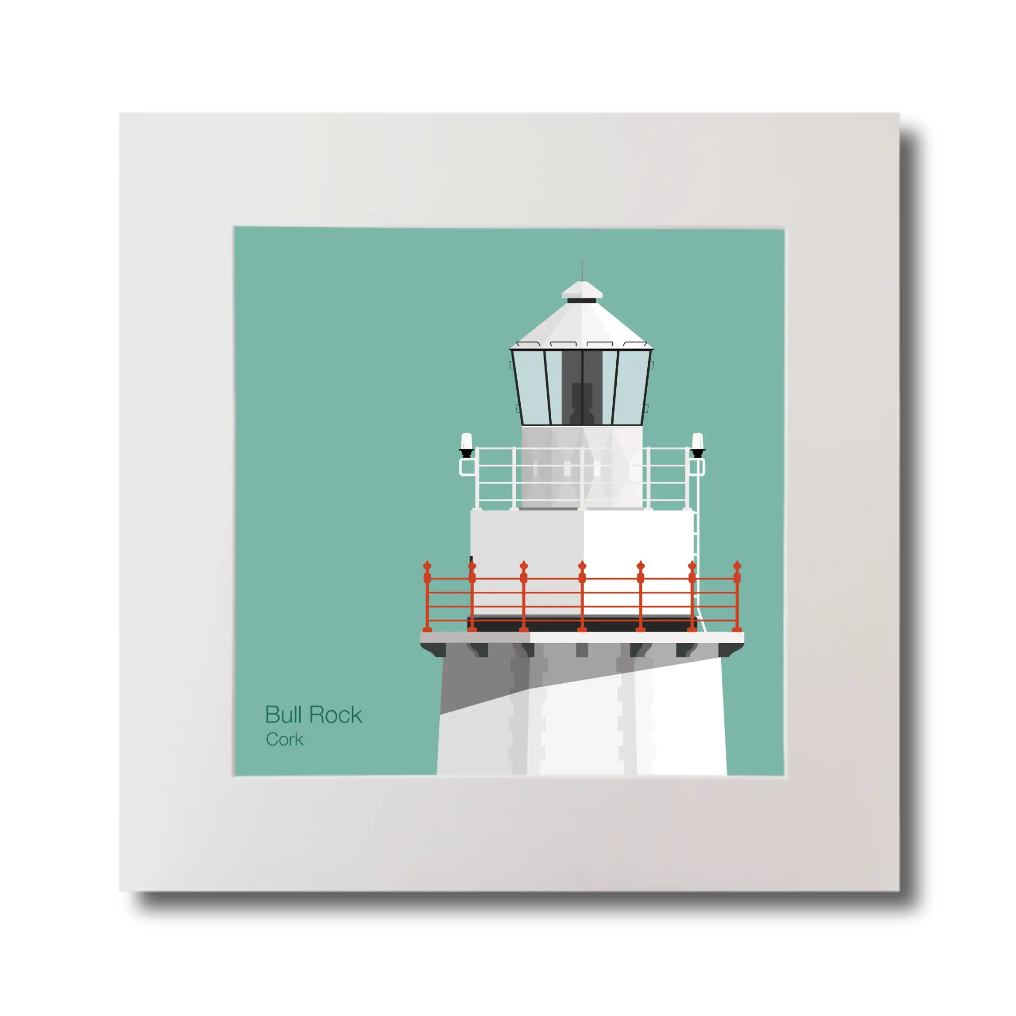 Illustration of Bull Rock lighthouse on an ocean green background, mounted and measuring 30x30cm.
