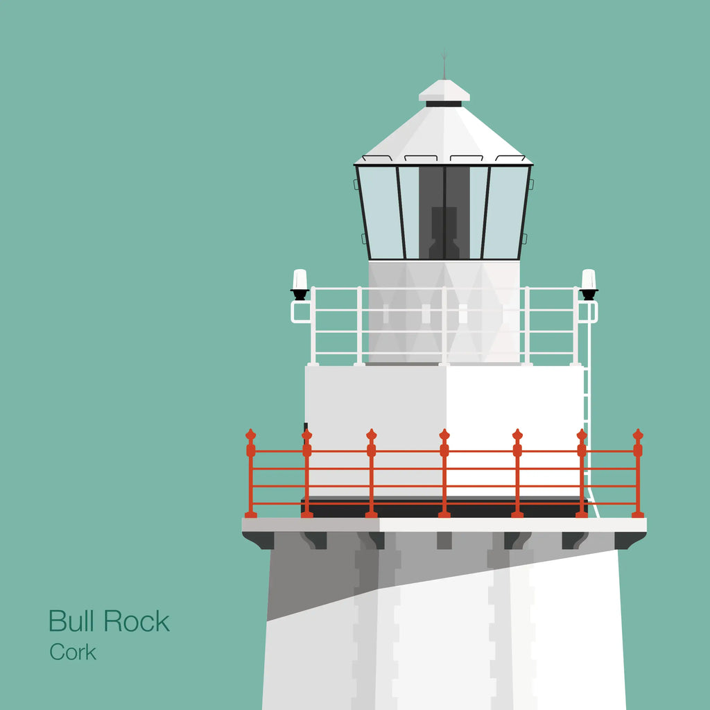 Illustration of Bull Rock lighthouse on an ocean green background