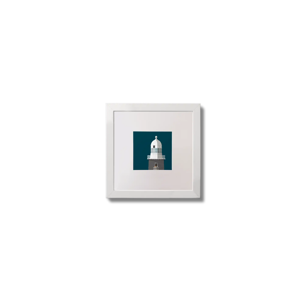 Illustration of Beeves Rock lighthouse on a midnight blue background,  in a white square frame measuring 10x10cm.