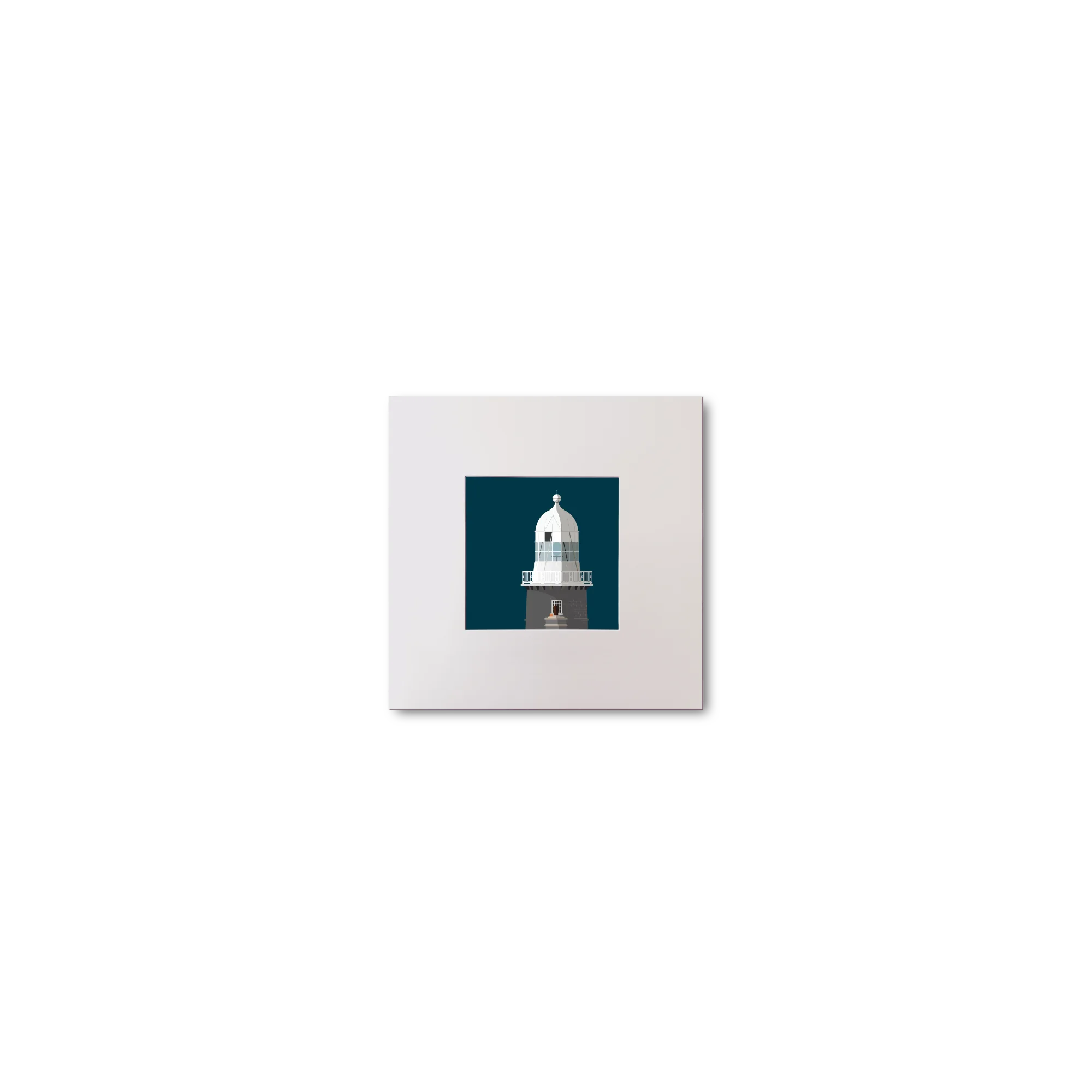 Illustration of Beeves Rock lighthouse on a midnight blue background, mounted and measuring 10x10cm.