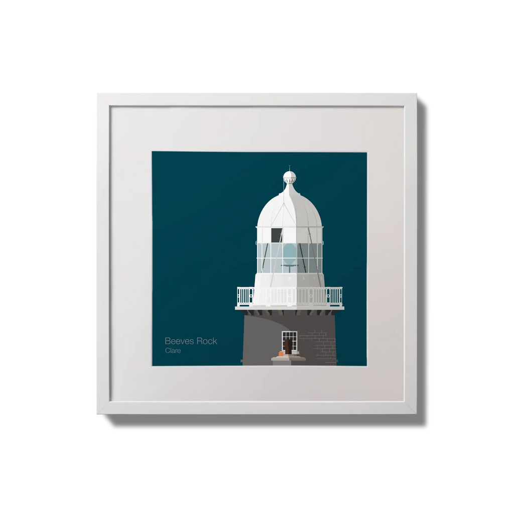 Illustration of Beeves Rock lighthouse on a midnight blue background,  in a white square frame measuring 20x20cm.