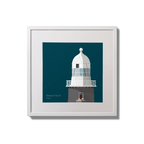 Illustration of Beeves Rock lighthouse on a midnight blue background,  in a white square frame measuring 20x20cm.