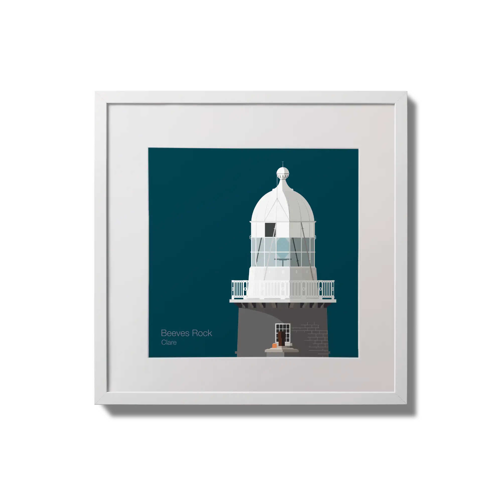 Illustration of Beeves Rock lighthouse on a midnight blue background,  in a white square frame measuring 20x20cm.