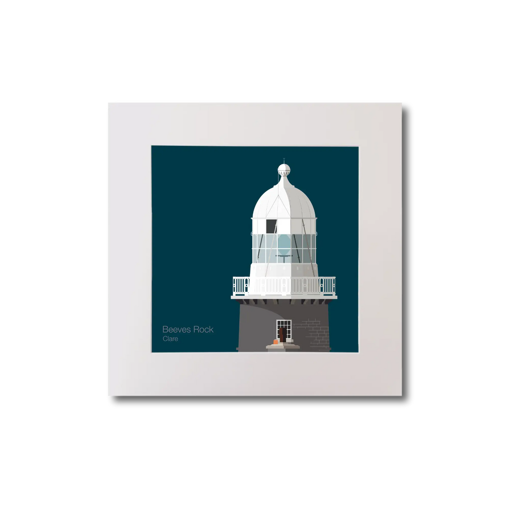 Illustration of Beeves Rock lighthouse on a midnight blue background, mounted and measuring 20x20cm.